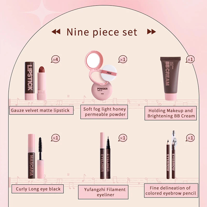 9-Piece Lipstick, Powder, Mascara & Eyebrow Pencil Makeup Set