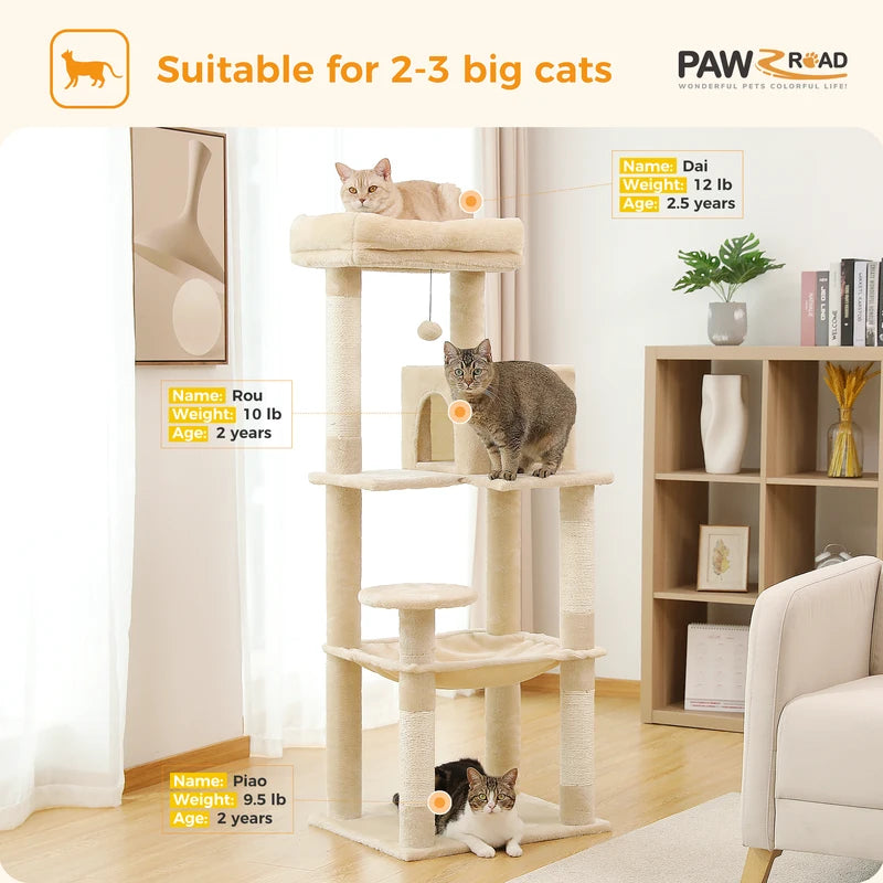 Multi-Level Cat Tree Tower for Indoor Cats with Large Hammock & Sisal Posts