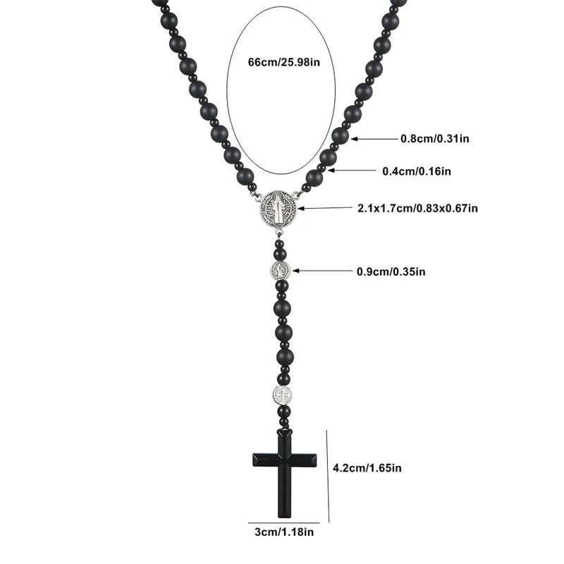 Black Round Beads Saint Benedict Cross Pendant Necklace for Men Women Rosary Gift