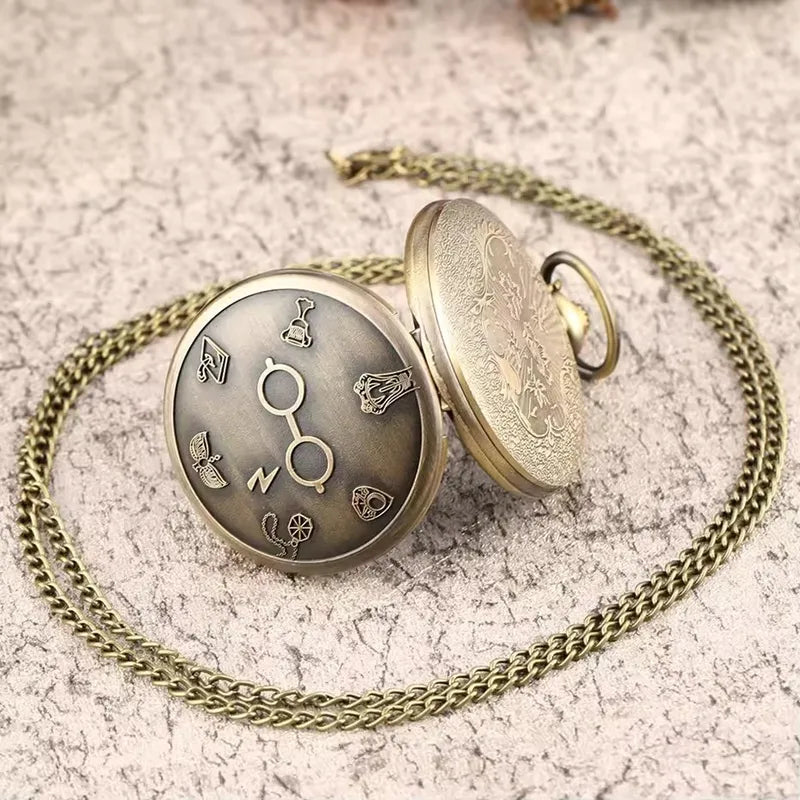 Vintage Style Bronze Clock Pendant Necklace with Glitter Glasses Role Play Gift