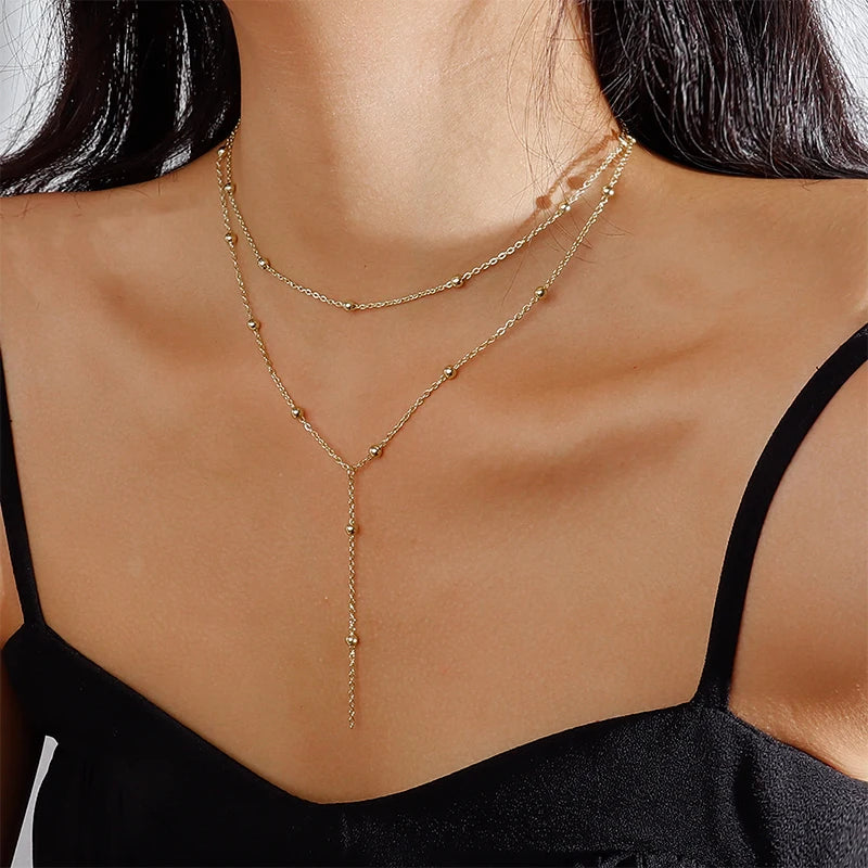 Trendy Double Layer Bead Necklace for Women Long Pendant Tassel Jewelry