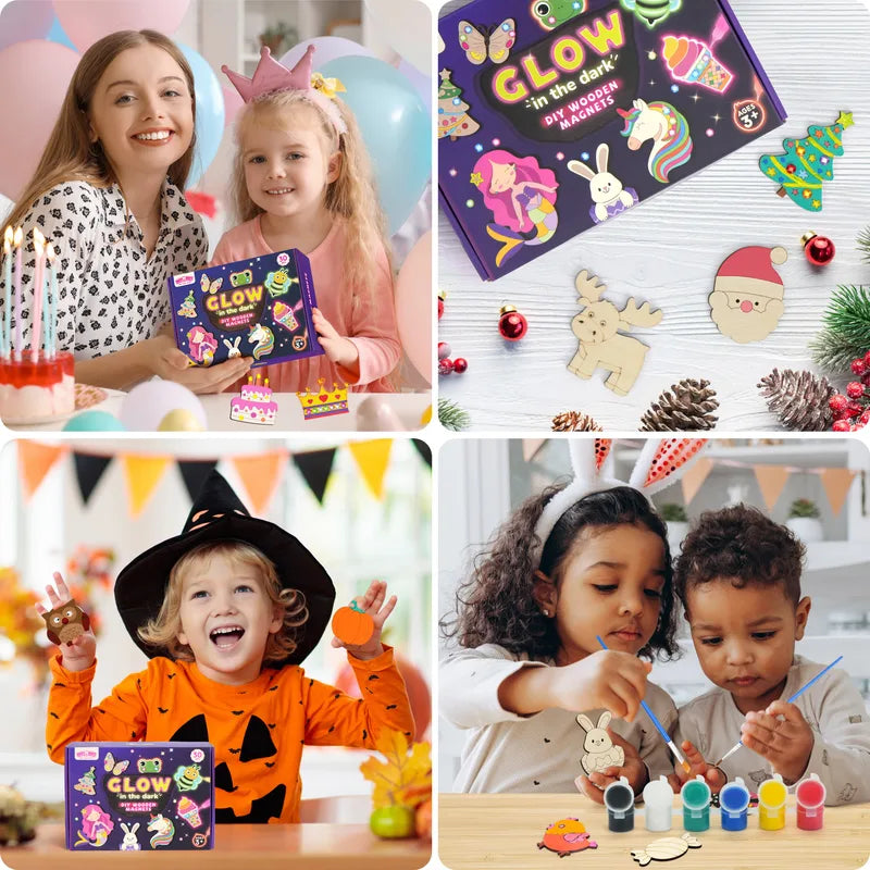 Kids DIY Wooden Magnet Craft Kit with Glow Paint & Accessories