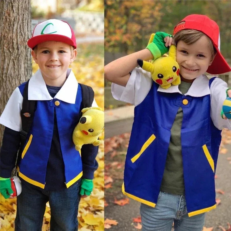 Anime Ash Ketchum Cosplay Costume Set for Kids & Adults - Blue Jacket Cap Gloves