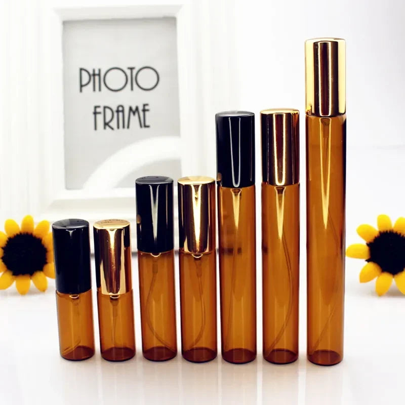 Mini Perfume Spray Bottles Set - Amber Glass Vials with Gold Silver Caps, 5ML-20ML, Portable Sample Bottles