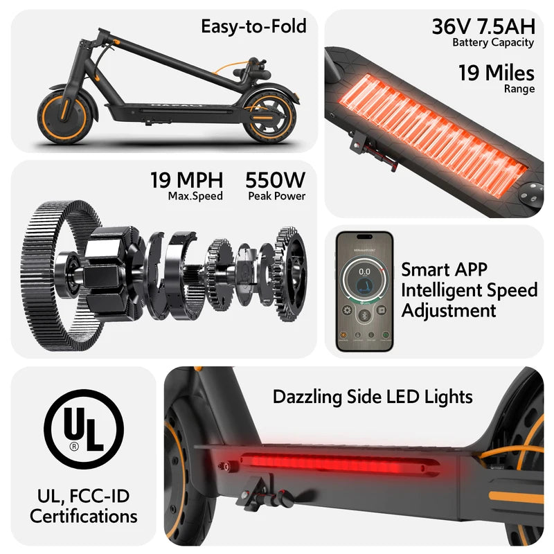 Electric Scooter for Adults 550W Peak Motor 19-Mile Range Foldable App Control
