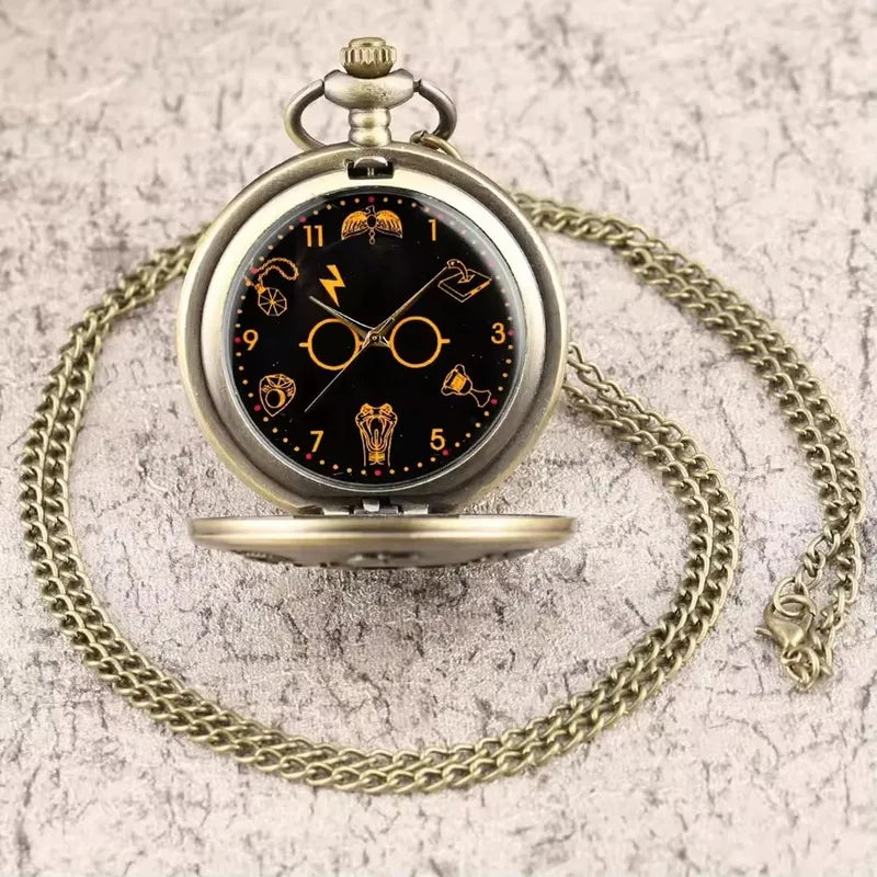 Vintage Style Bronze Clock Pendant Necklace with Glitter Glasses Role Play Gift