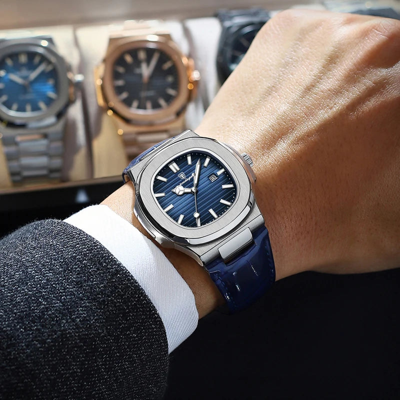 Luxury Men’s Square Waterproof Luminous Business Wristwatch with Leather Strap