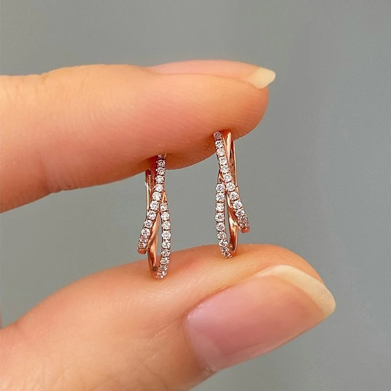 Women Hoop Earrings Cross Design Rose Gold CZ Jewelry Elegant Party Accessory