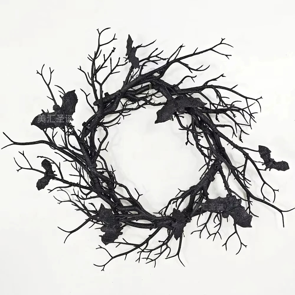 Halloween Artificial Wreath with Bat Design and LED Lights for Front Door Decor