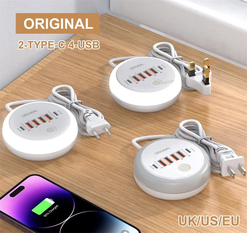 Multi-Device USB & Type-C Fast Charging Power Strip with Nightlight - Travel Charger 50W