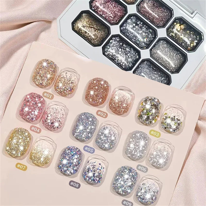 Starburst Glitter Nail Polish Set - 9 Colors Soak Off UV & LED Gel for Nail Art