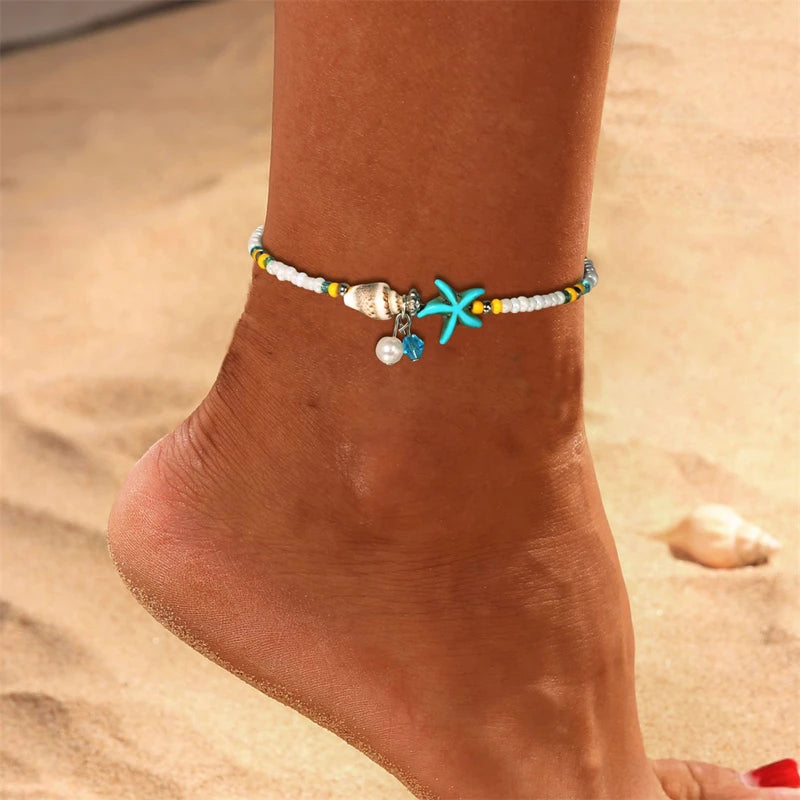 Boho Turquoise Starfish Anklet with Adjustable Chain Summer Foot Jewelry for Women & Girls