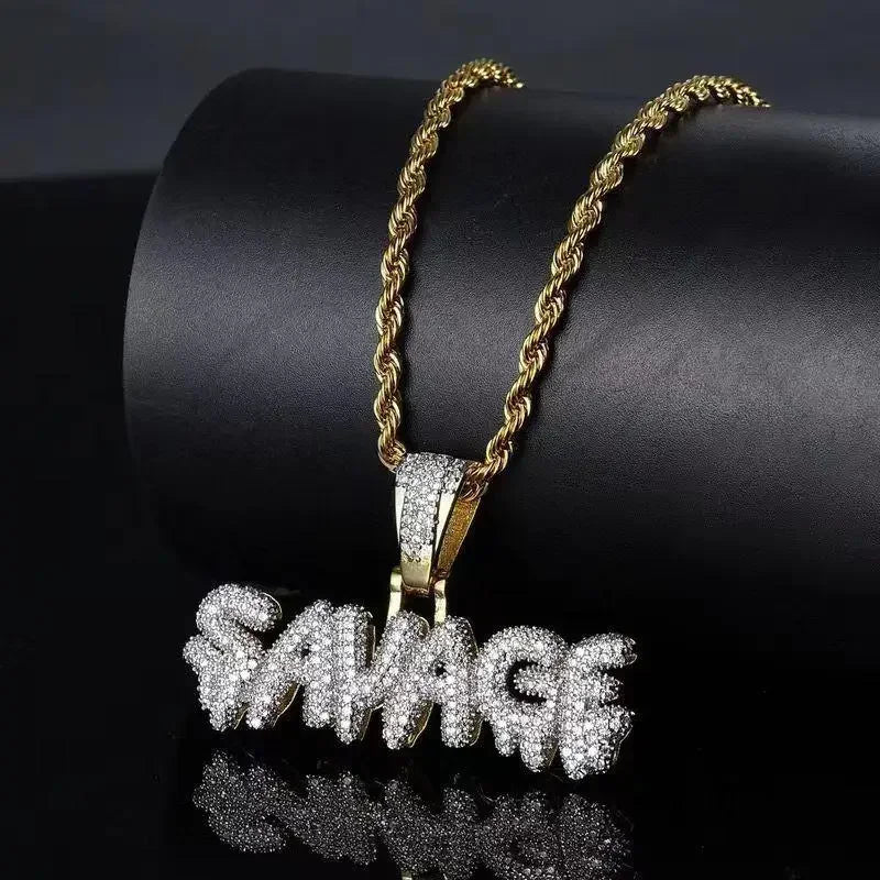 Iced Out Bling Letter SAVAGE Pendant Necklace for Men Hip Hop Rap Jewelry