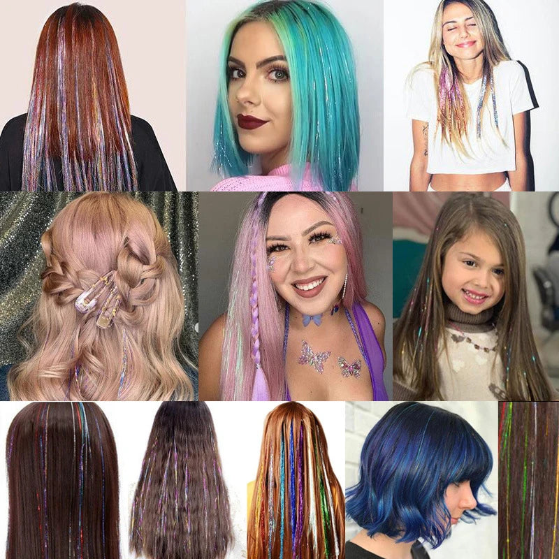 Colorful Glitter Hair Tinsel Kit Rainbow Hair Extensions for Braiding & Styling
