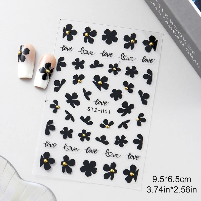 2pcs Black Flower Nail Stickers with Gold Beads - Easy Manicure Decor