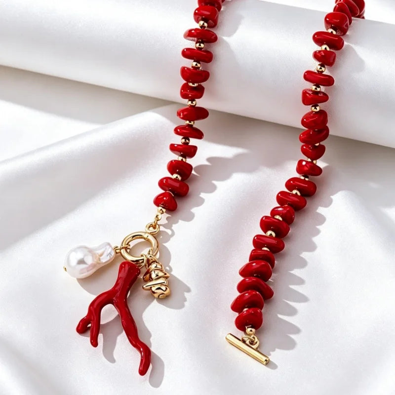Boho Resin Coral Beaded Necklace for Women with Imitation Pearl Pendant - Toggle Clasp Choker Jewelry