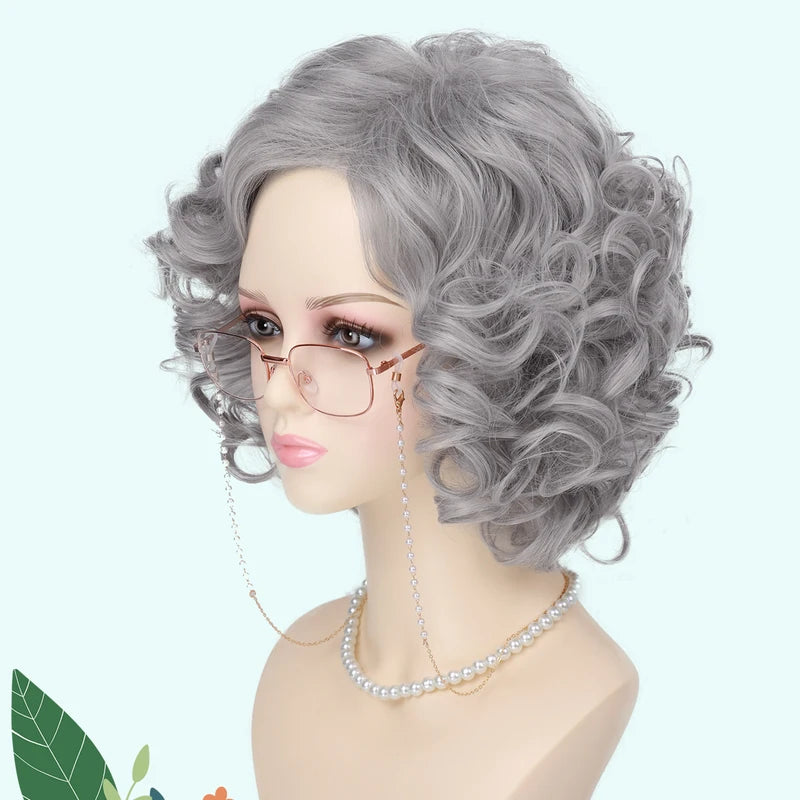 Gray Short Curly Wig Accessories 5-Piece Set for Women and Cosplay
