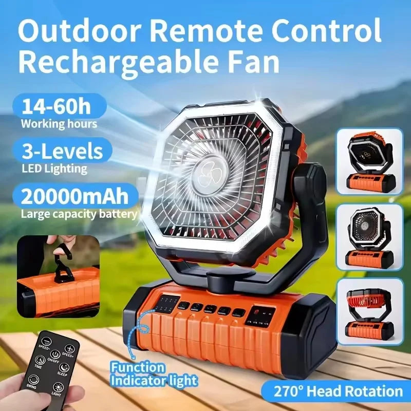 Portable 20000mAh Camping Fan with LED Light and USB Power Bank - Outdoor Tent Fan with 270° Adjustable Wind Speeds and Timer