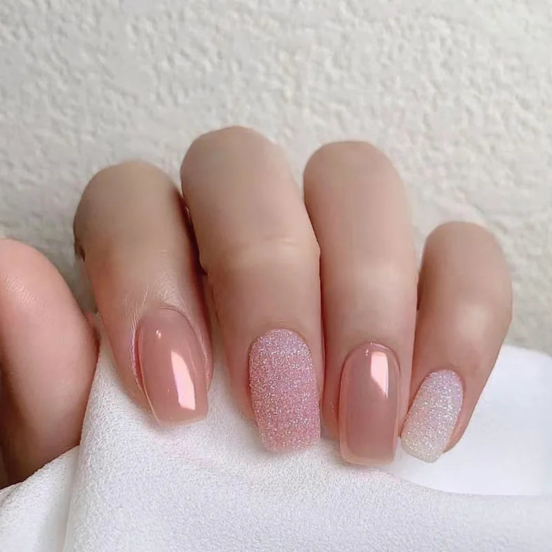 24Pcs Short French Fake Nail Tips with Aurora Glitter & Jelly Stickers