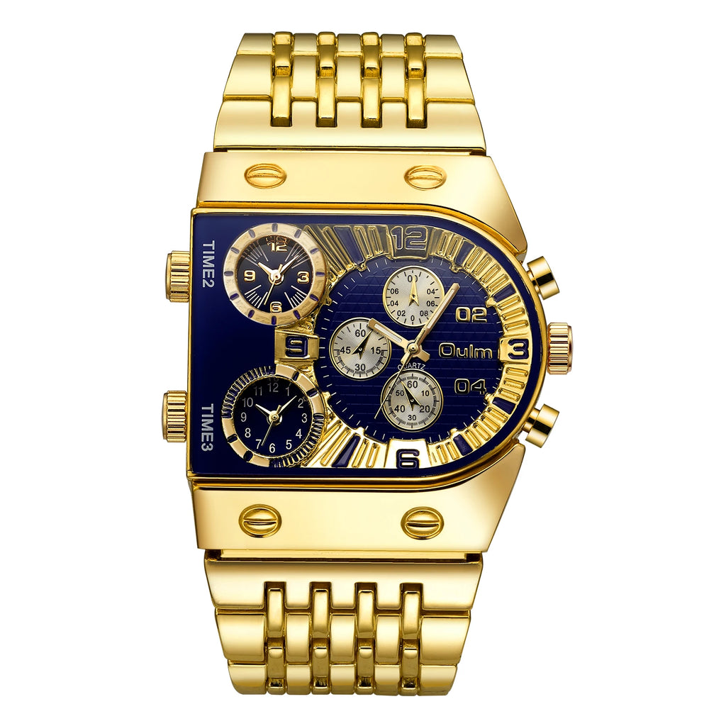 Luxury Multi-Time Zone Men's Quartz Watch with Large Dial and Luminous Steel Band