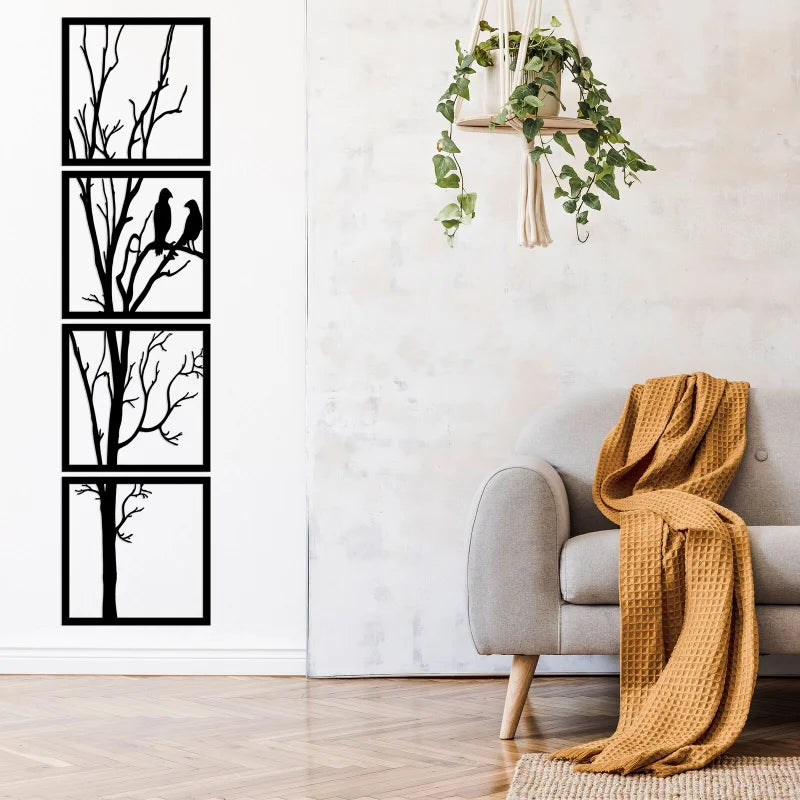 Metal Tree Wall Art Decor Set of 4 - Bird and Tree Wall Hangings for Living Room