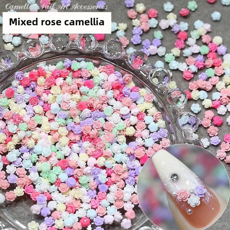 Mini 4mm Colorful Camellia Rose Resin Nail Art Flowers - Rhinestones & Decorations