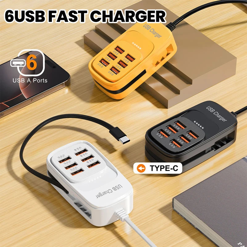 6-in-1 USB Charging Station Power Strip with EU/UK/US Plugs — Fast Charging Hub