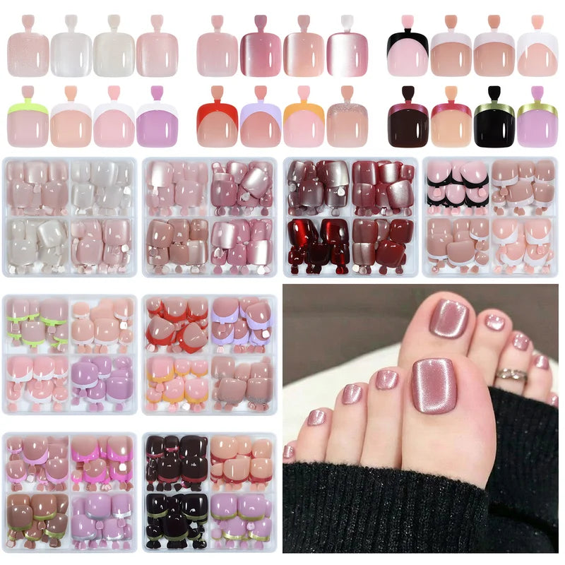 96pcs Press On Toenails Set - Short Square Fake Toe Nails with French Tip and Cat Eye Full Cover Artificial Nails for Feet