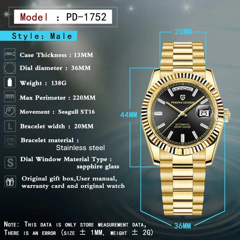 Luxury Automatic Men's Mechanical Watch with 100M Waterproof AR Sapphire Mirror