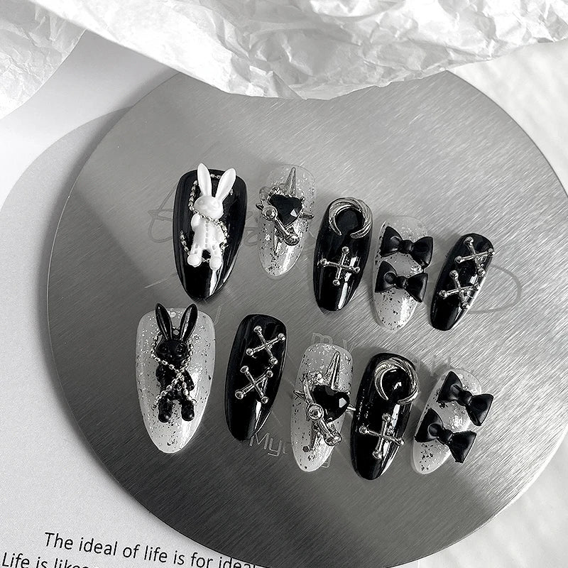 10pcs Handmade Almond Shaped Fake Nails with Halloween Bunny Design – Multiple Colors
