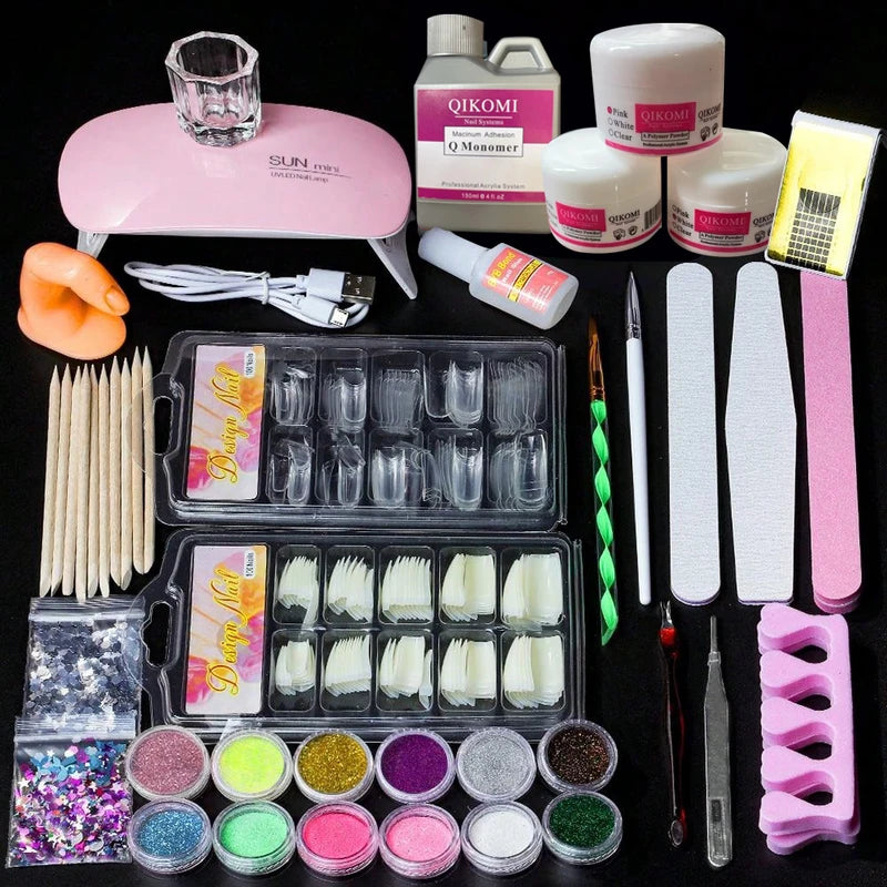 Acrylic Powder Nail Extension Kit with 6W LED Light - Complete DIY Manicure Set