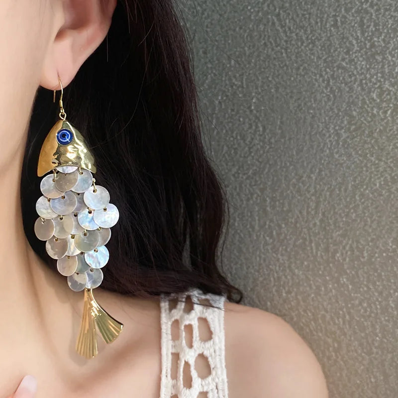 Round Shell Fish-Shaped Dangle Earrings for Women Trendy Jewelry Gift