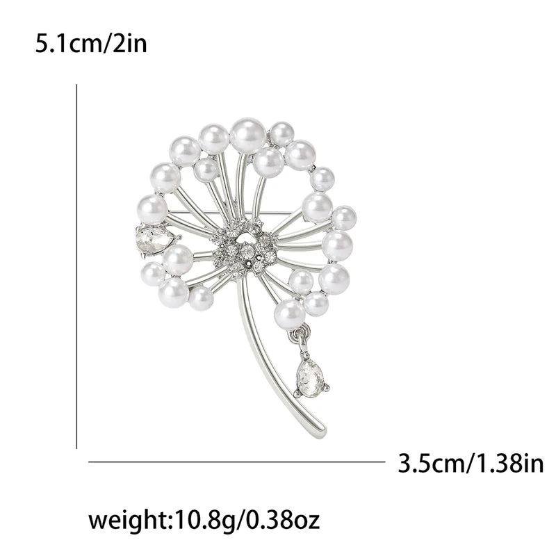 Rhinestone Dandelion Brooch for Women Pearl Plant Pins Casual Party Jewelry