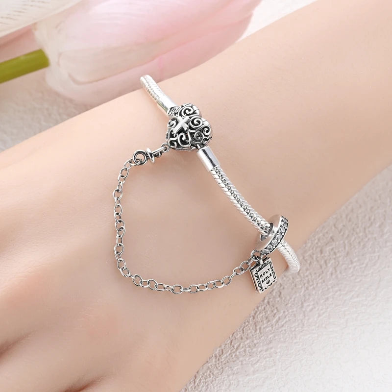 Sterling Silver Beaded Bracelet for Women with Heart and Butterfly Charms