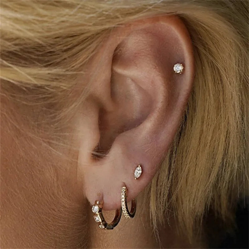 Mini Geometry Stud Earrings - Sterling Silver Gold Plated Zircon Jewelry for Women