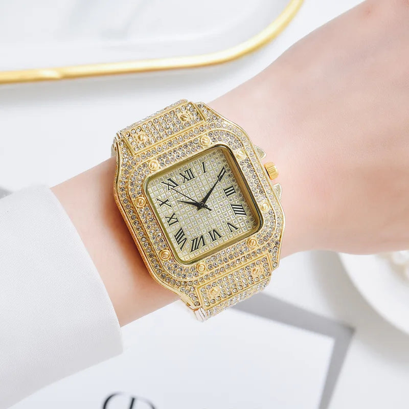 Luxury Diamond Square Quartz Watch for Men and Women with Stainless Steel Strap