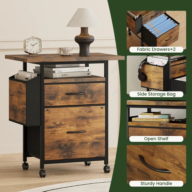 Mobile File Cabinet with 2 Fabric Drawers and Open Shelf — Rolling Printer Stand with Side Storage