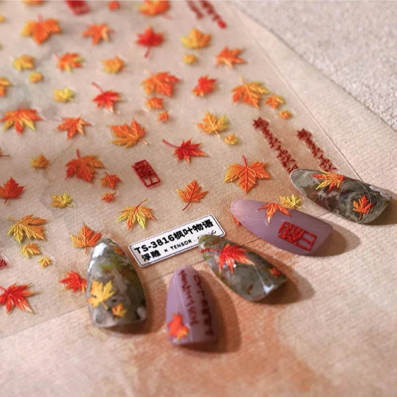 Autumn Maple Leaf Nail Art Stickers - 5D Relief Shiny Golden Jelly Decals for Manicure