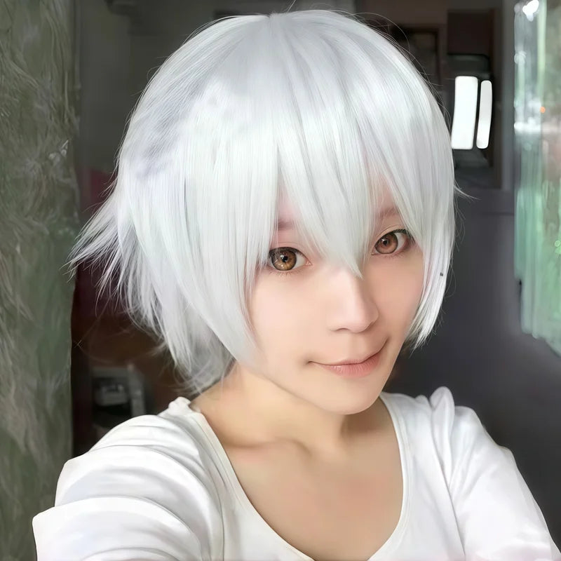 White Synthetic Short Hair Wig with Bangs – Heat-Resistant for Daily & Cosplay