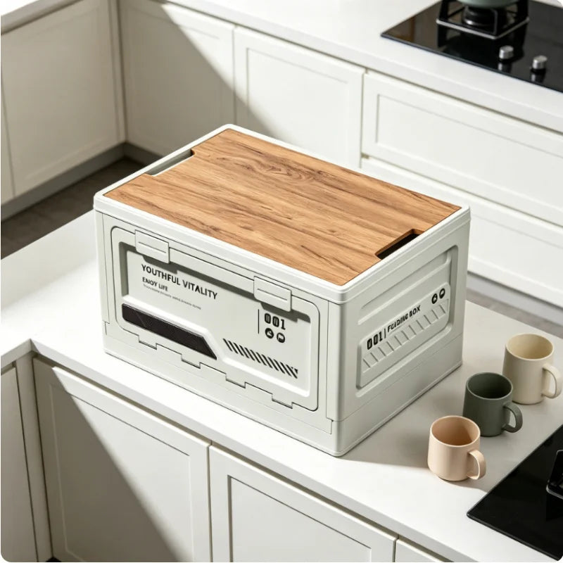 Folding Storage Box with Wooden Lid - Car Trunk Organizer, Home & Outdoor Use