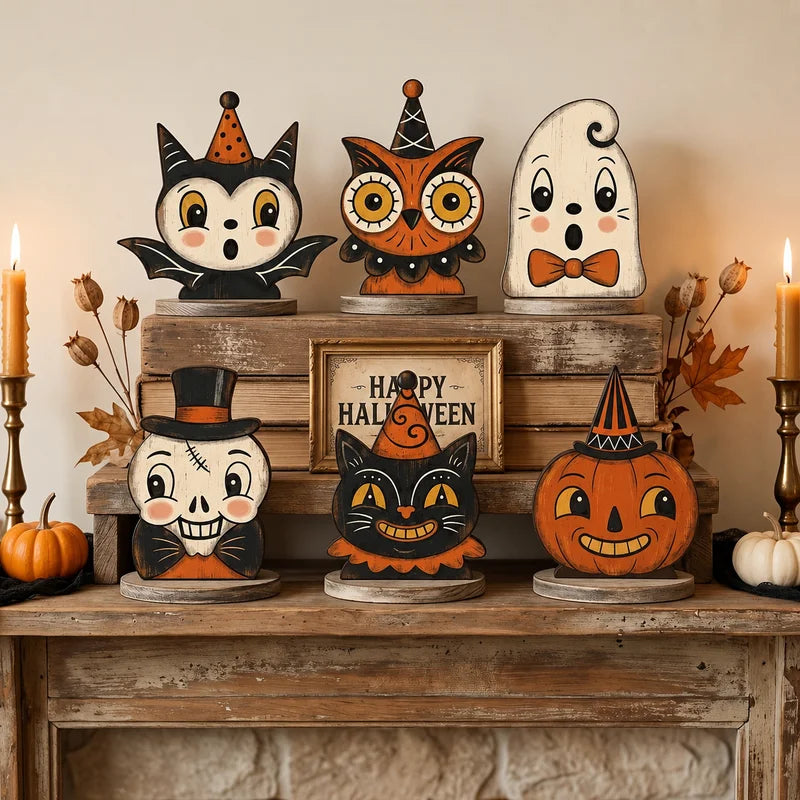 Halloween Wooden Tabletop Sign - Indoor Decor with Ghost Pumpkin Cat Skeleton Owl Housewarming Gift