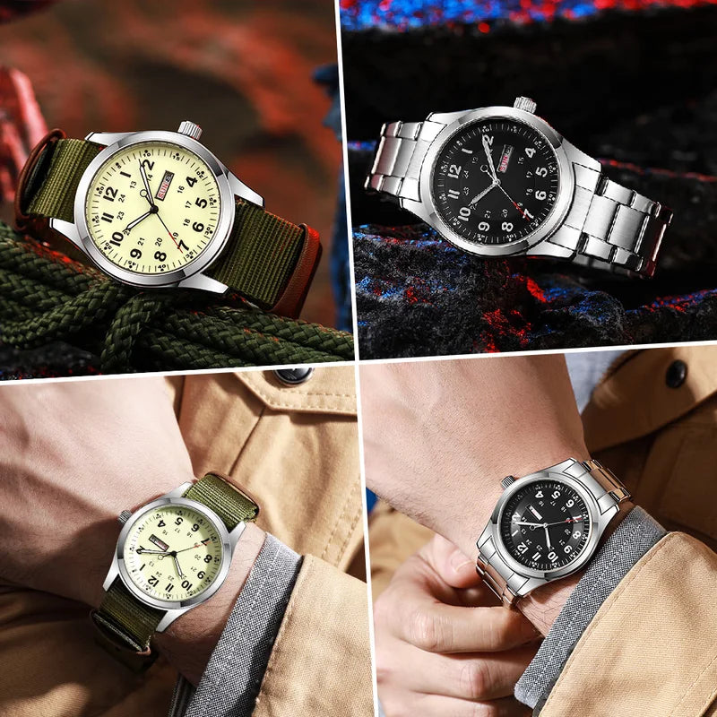 42mm Field Watch with Luminous Dial, Day Date, Water-Resistant Canvas Strap