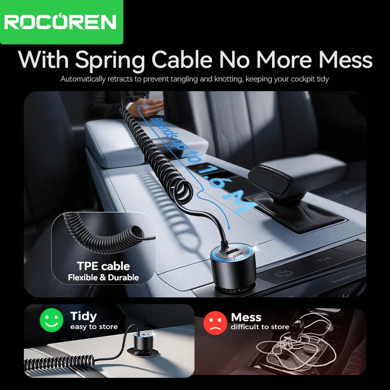 200W Car Charger Fast Charging PD 100W USB-C Power Adapter with Spring Cable