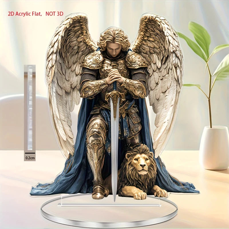 2D Angel Acrylic Tabletop Ornament Religious Angel Decor with Gold Armor and Blue Cape
