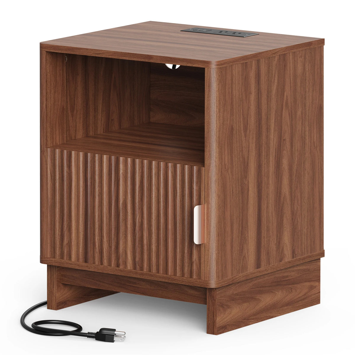 Nightstand with Charging Station, Fluted Wood End Table with Storage Drawer
