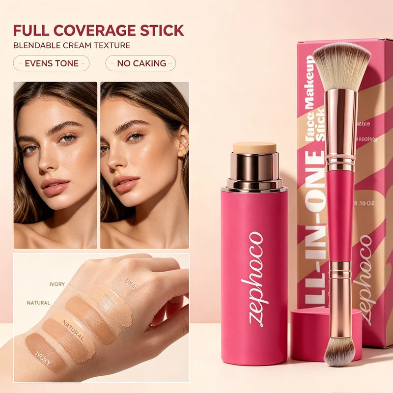 3-in-1 Waterproof Face Makeup Stick Set with Double-Ended Brush - Lightweight Contour & Concealer