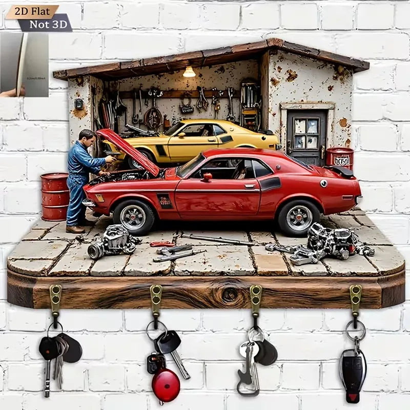 2D Flat Classic Muscle Car Garage Key Holder with 4 Hooks - Wooden Wall Mount Organizer
