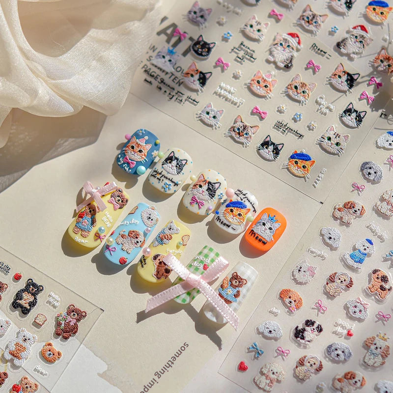 3Pcs Cute Cartoon Nail Art Stickers - Embroidered Kittens, Dogs & Bears