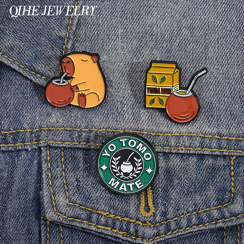 Cute Capybara Drinking Yerba Mate Enamel Pin - Custom Lapel Badge Jewelry Gift