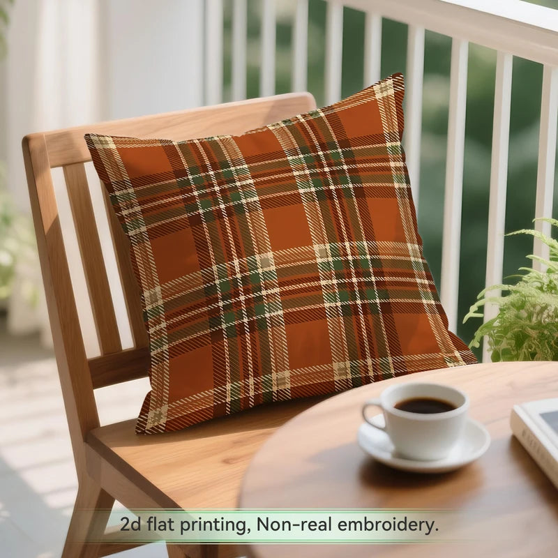 Warm Orange Plaid Harvest Pumpkin Cushion Cover - 45x45cm Polyester Decor Pillowcase